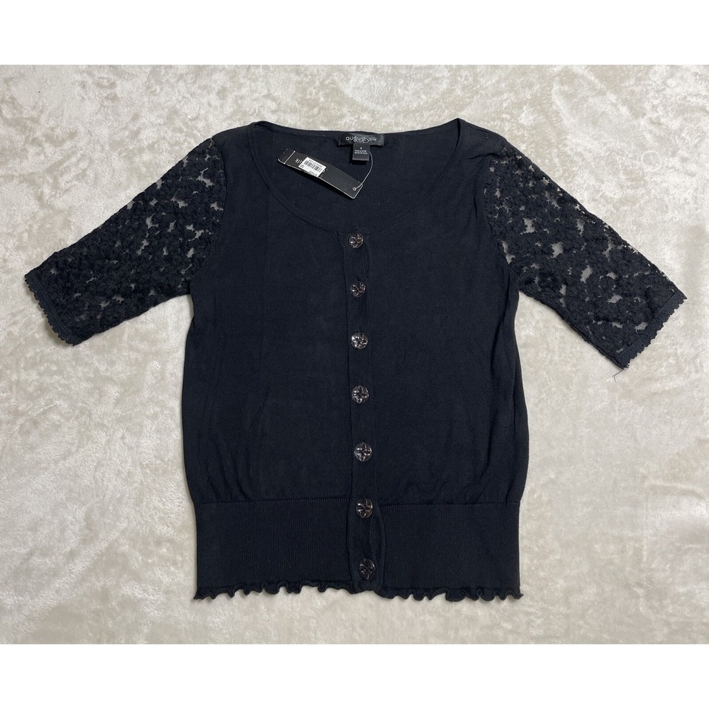 AUGUST SILK Top Womens Small Black Floral Lace Short Sleeve Button Up Blouse